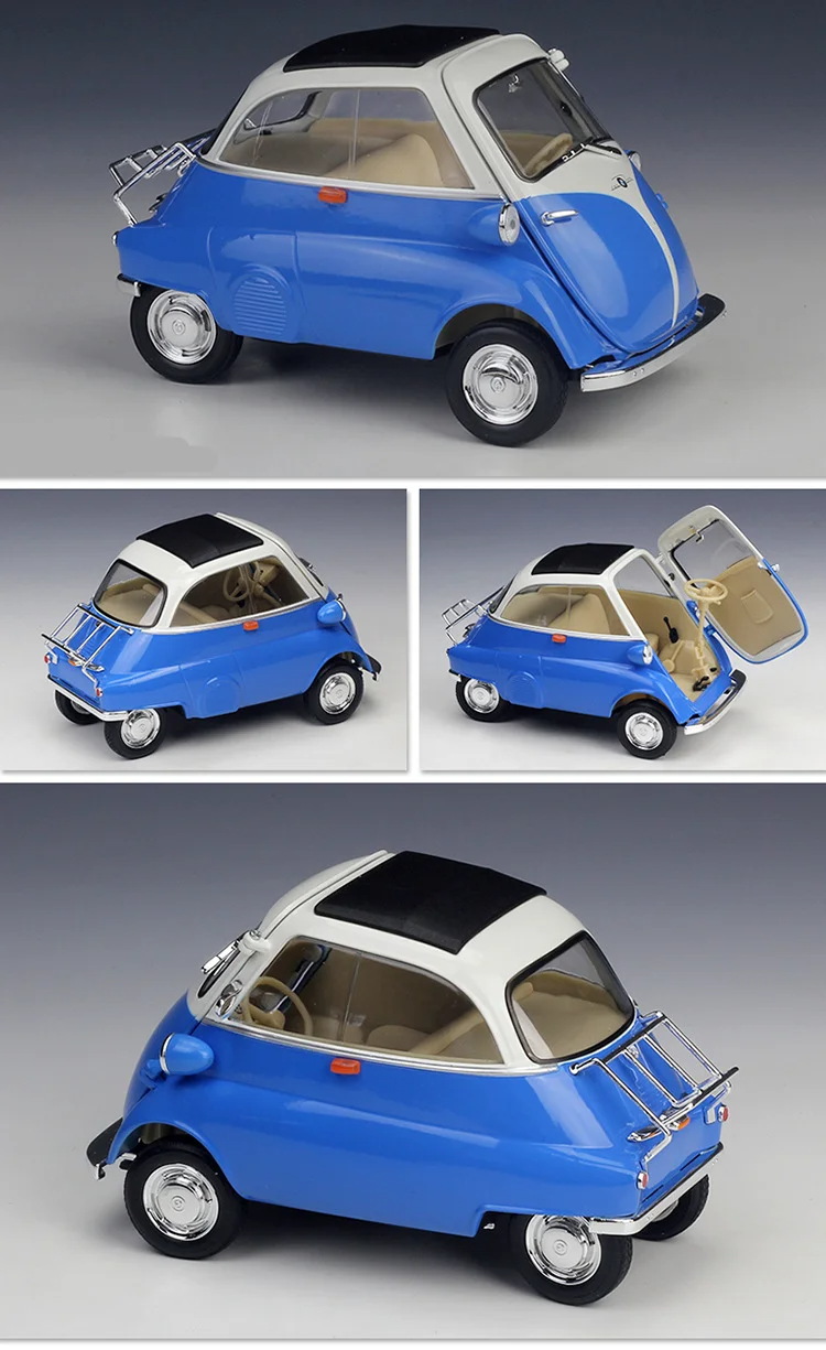 BMW Isetta yellow with front door open showing steering wheel and seats