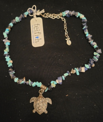 FEIFISH NECKLACE W/ TURTLE PENDANT AND BLUE & TURQUOISE STONES NEW W/TAGS