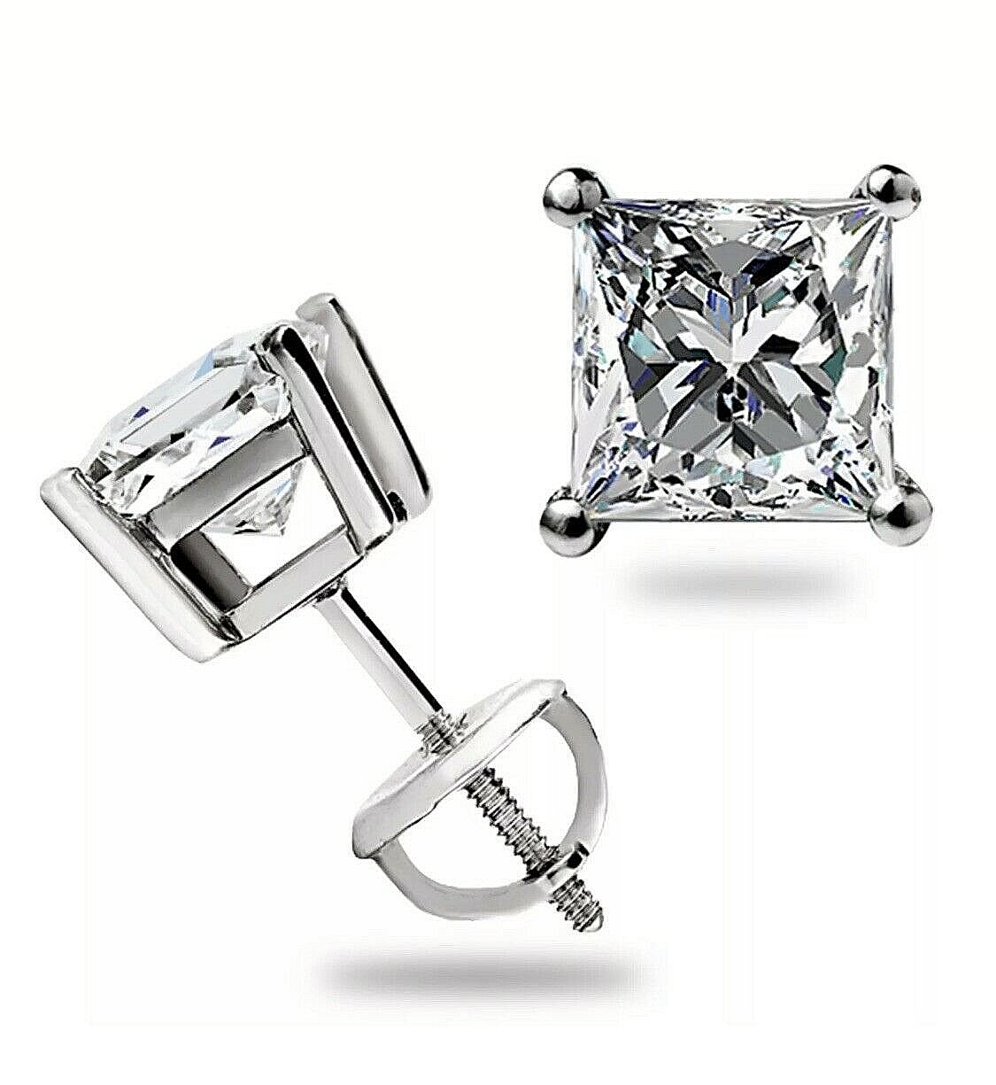 4 Ct Princess Cut VVS1/D Lab Created Studs Earrings 14K White Gold 7mmScrew Back