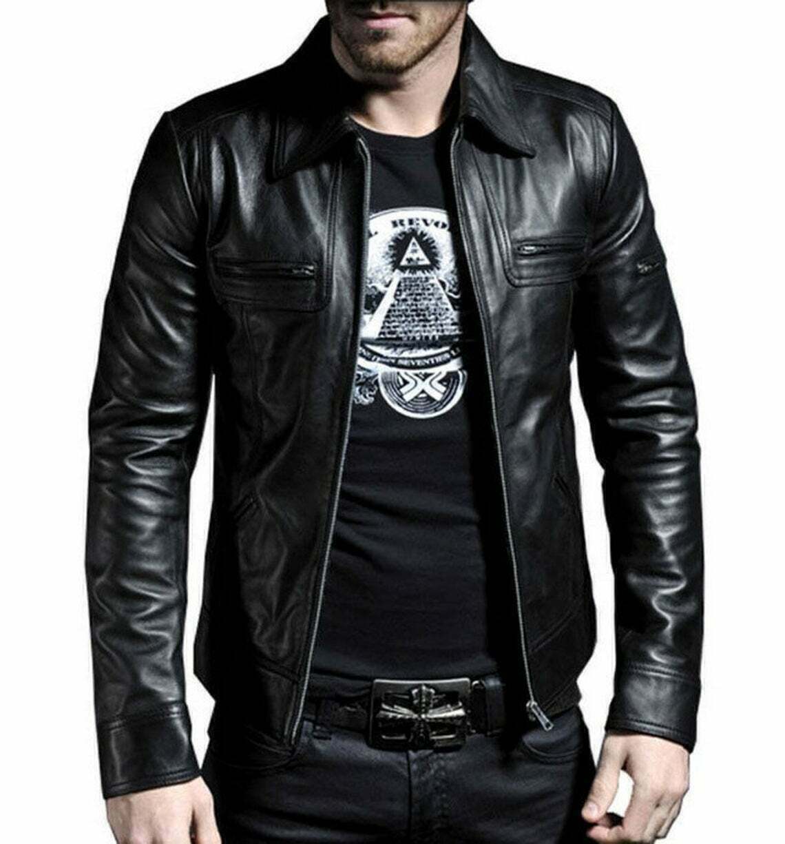 Men's Genuine Black Lambskin Leather 