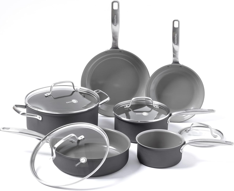 Chatham Hard Anodized Healthy Ceramic Nonstick 10 Piece Cookware Pots and Pans Set, Frying Pan Skillets, Saucepans, Saute Pan, Stockpot, Lids, PFAS & Pfoa-Free, Dishwasher & Oven Safe, Gray