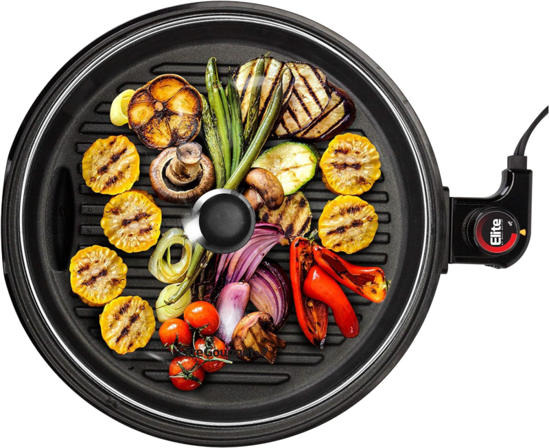 EMG6505G Smokeless Indoor Electric BBQ Grill with Glass Lid, Dishwasher Safe, Nonstick, Adjustable Temperature, Fast Heat Up, Low-Fat Meals Easy to Clean Design