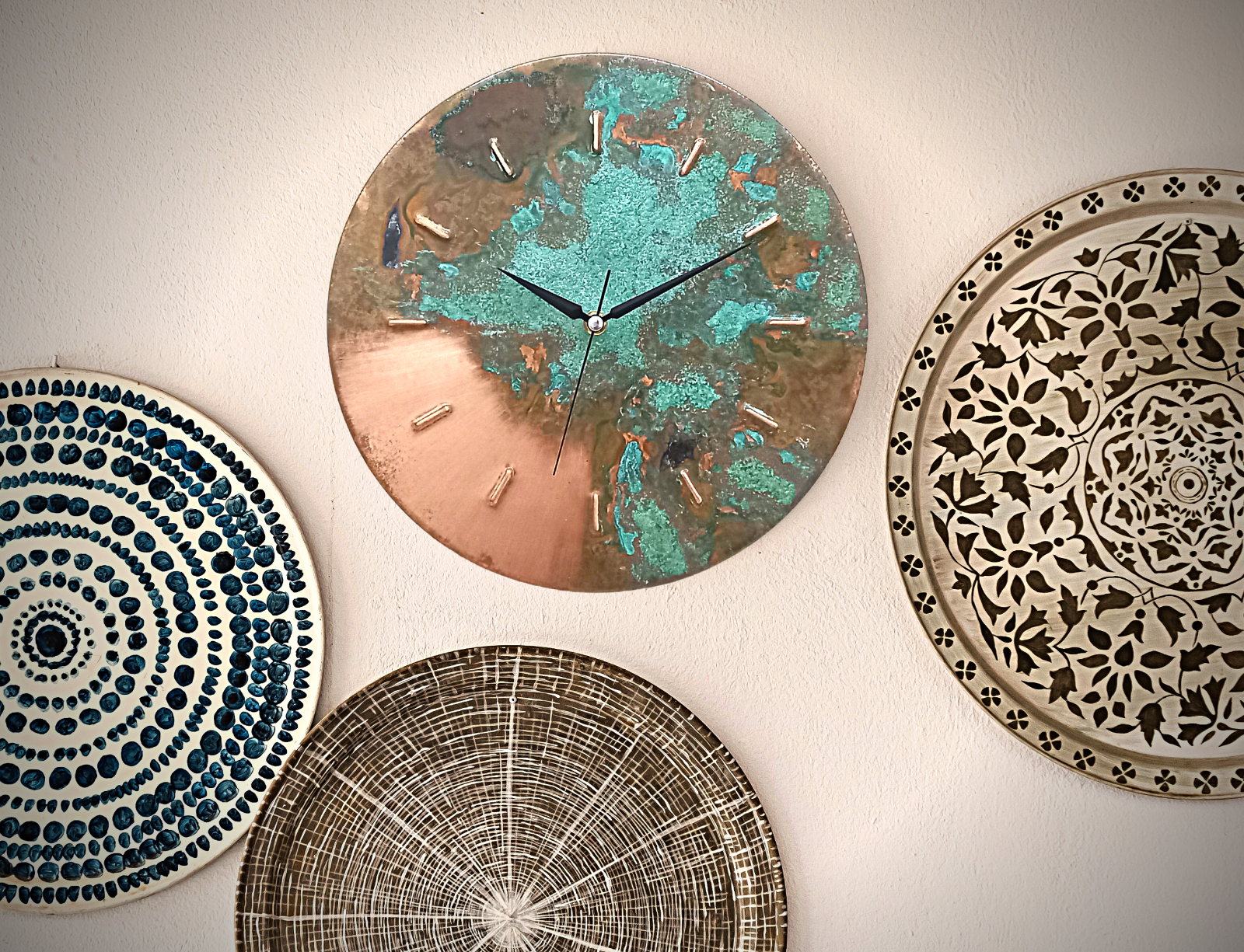 Modern Silent Original Handmade Copper Art Deco Wall Clock, Metal Wall Art Decor