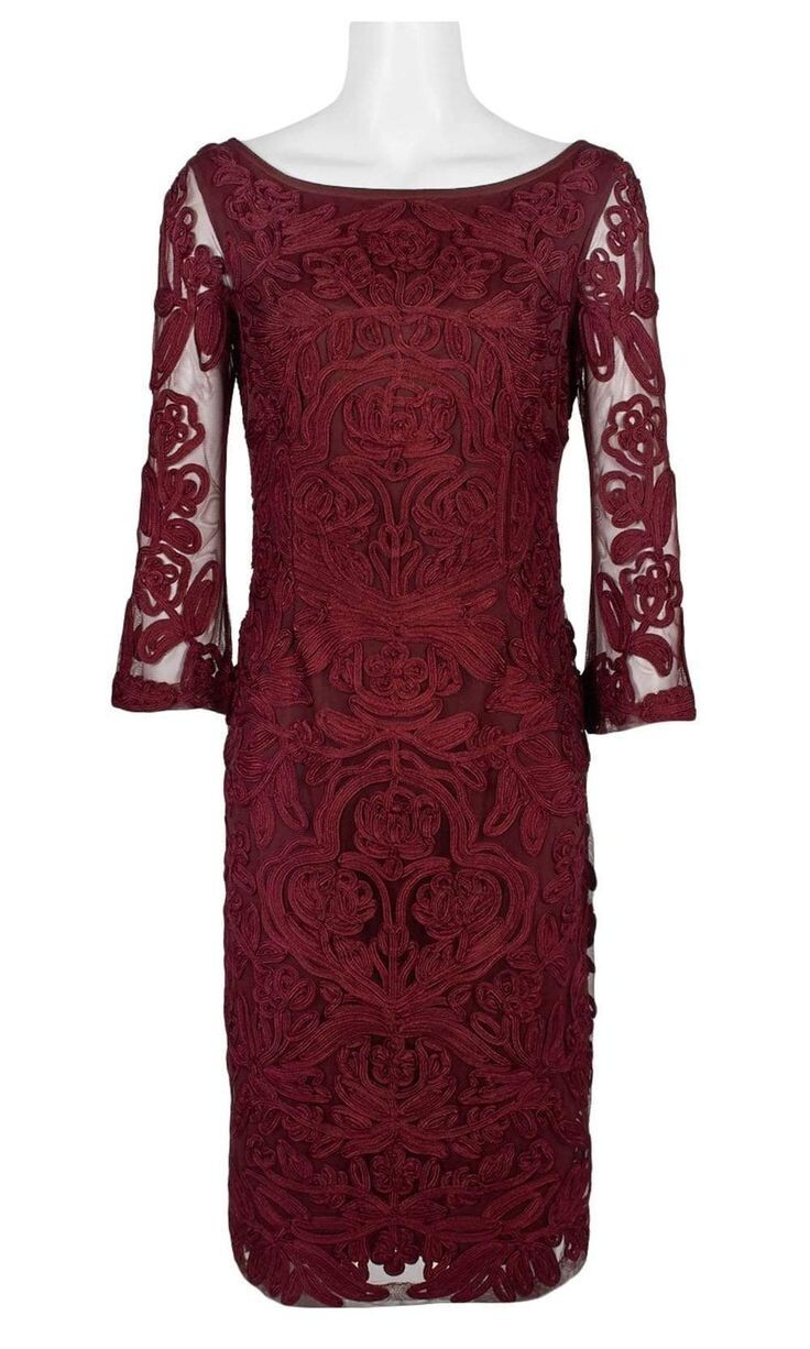 JS COLLECTIONS Berry Burgundy Floral Soutache Sheer 3/4 Bell Sleeve Dress 14 US