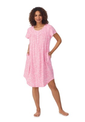 ARIA Women s 2X (18W-20W) Short Sleeve Cotton Nightgown Scoop Neck   Pink Print