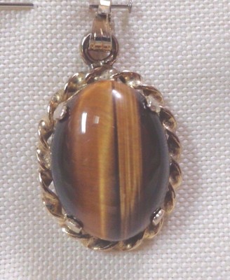 Vintage Antique Large Oval Tiger Eye Cabachon Gold Plated Pendant