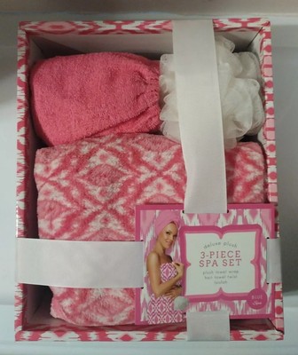 New Spa Essentials Plush Towel Wrap/ Hair Towel Twist/ Loofah GIFT BOX SET Pink