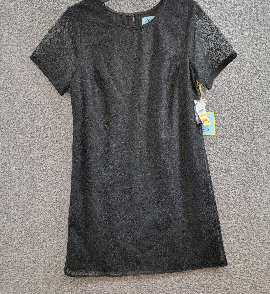 CeCe Lace Short-Sleeve A-Line Dress Women's S Rich Black Crew Neck Button Back - Picture 2 of 17