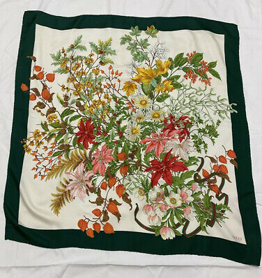 Authentic RARE Gucci Scarf Vintage 100% Silk Floral Print Christmas Red Green