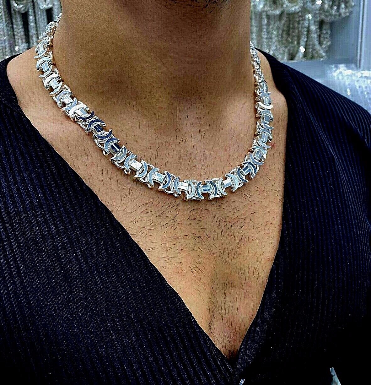 Pre-owned Handmade Mens Flat Byzantine Necklace King Chain 925 Sterling Silver 13mm 152gr 22"