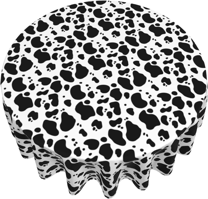 Cow Print Animal Black White Round Tablecloth 60 Inch Washable Table Cloth Cover