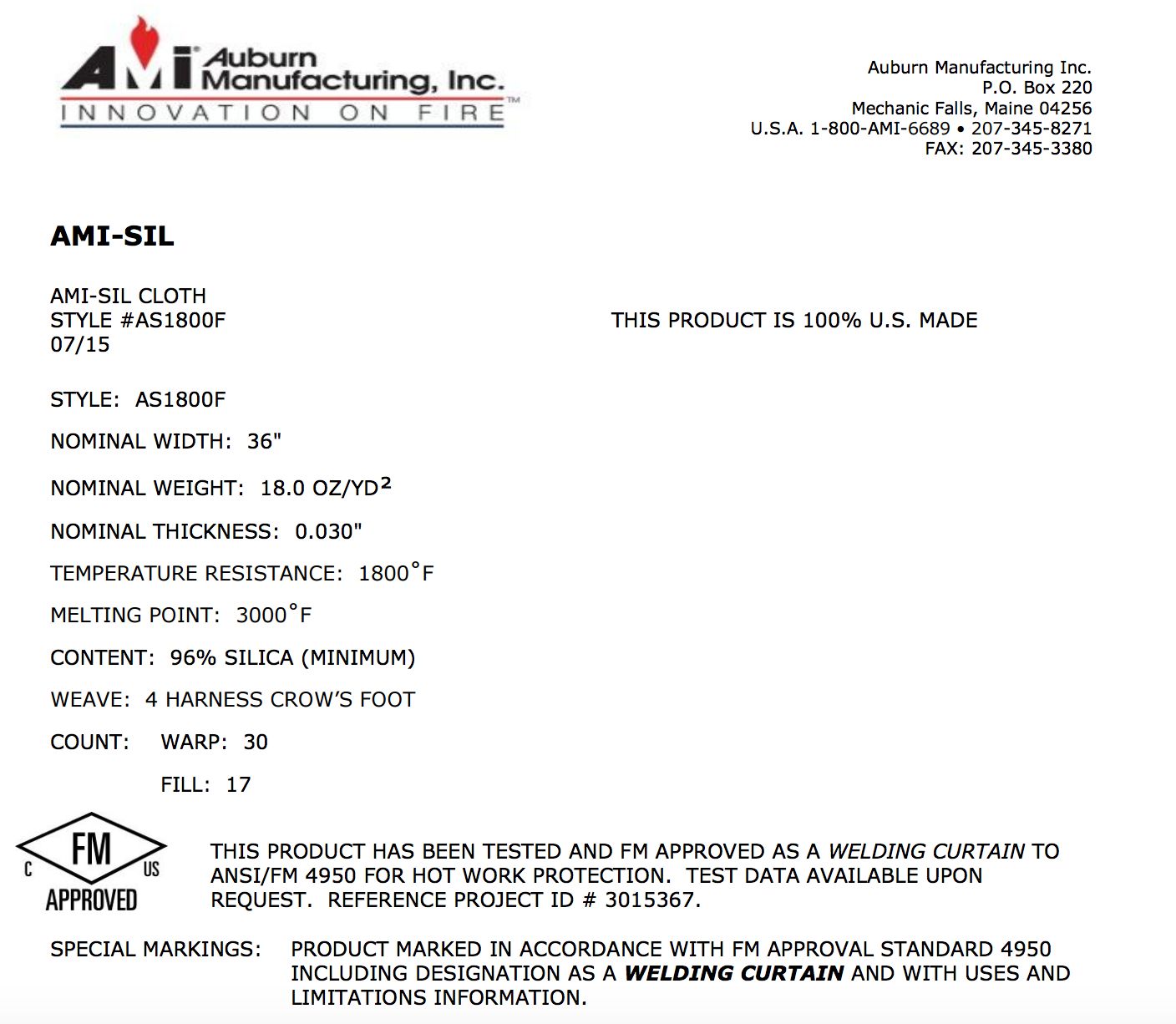 50YD ROLL AMI-SIL SILICA CLOTH 1800° REFRACTORY WELDING FLAME CURTAIN REFRASIL