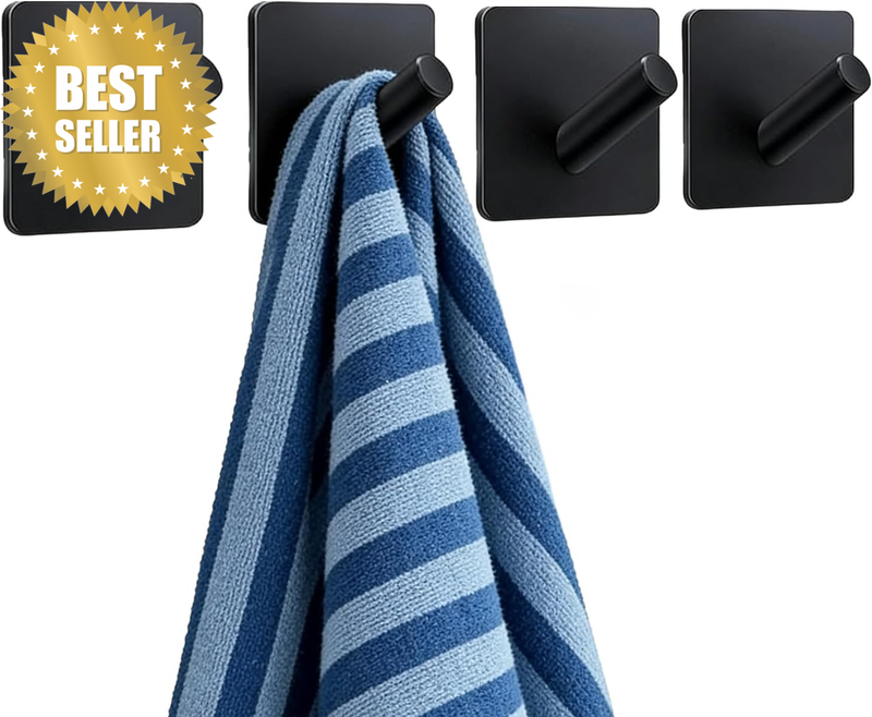 4 Pack Black Heavy Duty Adhesive Towel Hooks - 304 Stainless Steel Drill-Free Wa