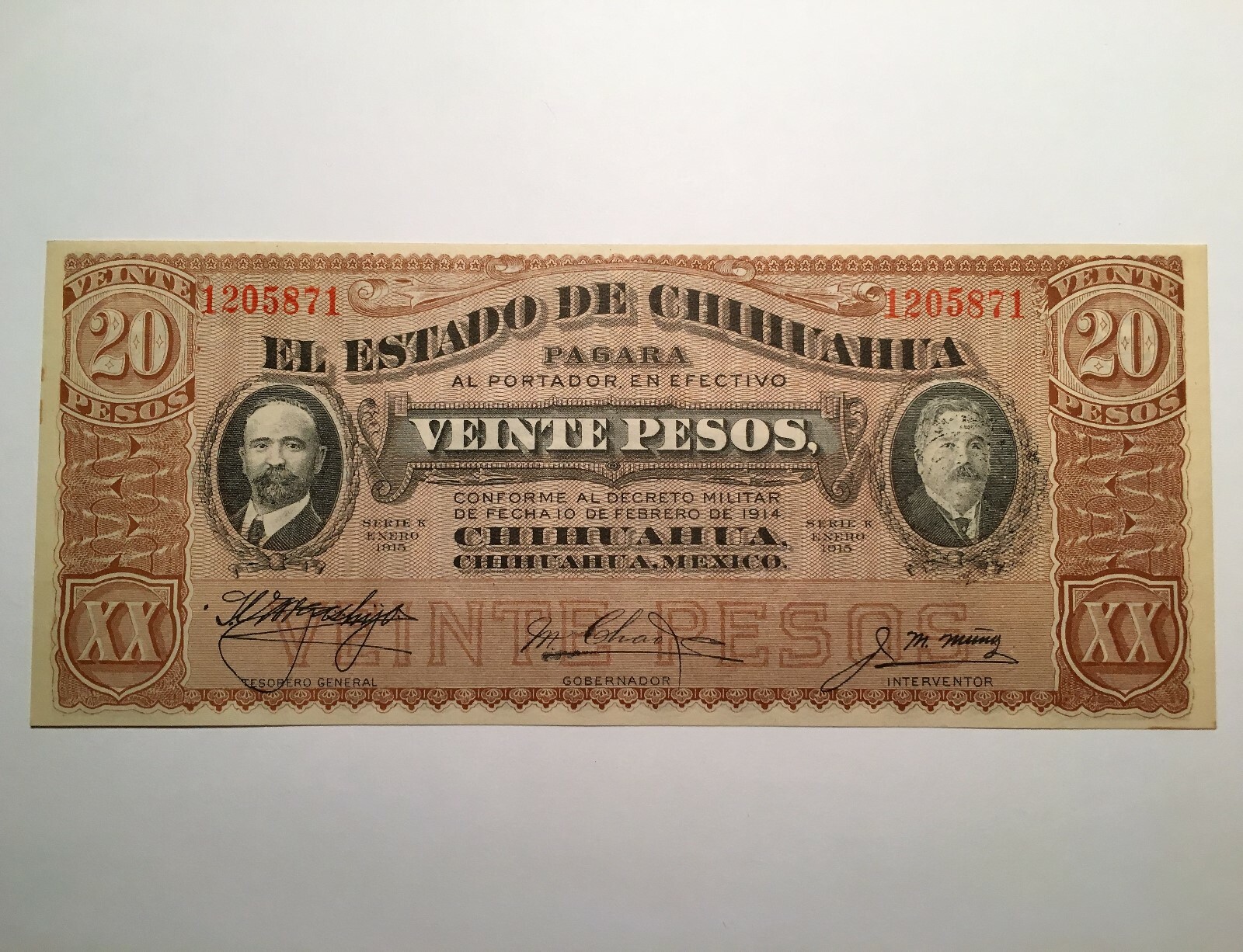1915 Mexico 20 Pesos Banknote, Currency, Paper Money, Pik 5537a, Very Nice!