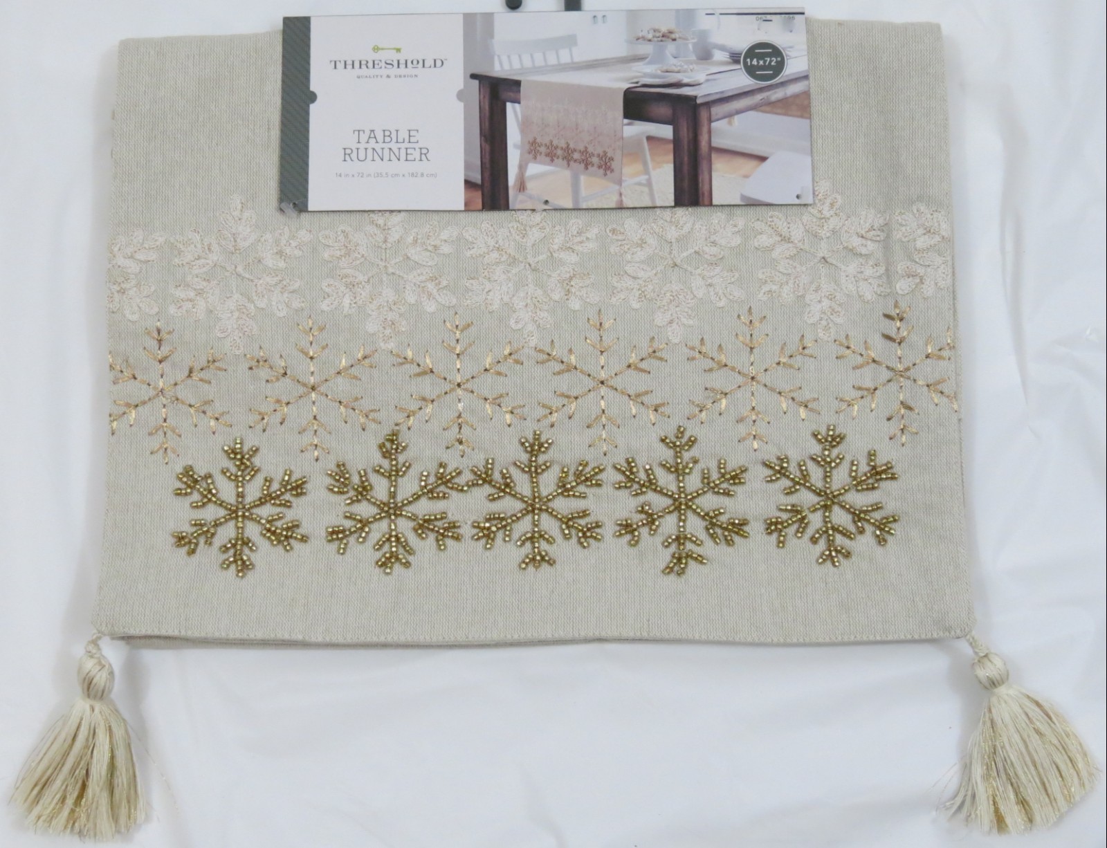 Beige & Gold Tassel Snowflakes Winter Holiday Table Runner Threshold 14