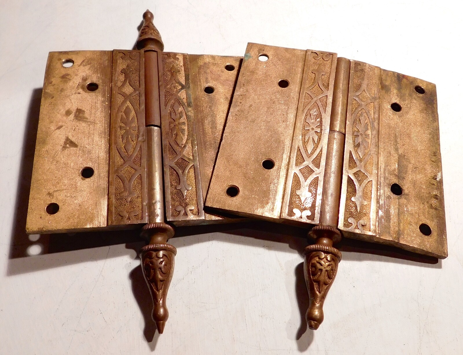 2 Antique Bronze Door Hinges ornate Hopkins Dickinson 4.5x4.5 vintage victorian