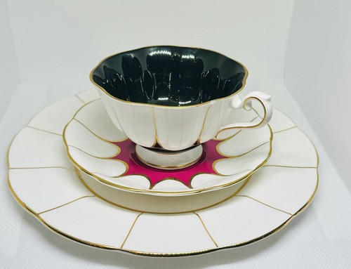Vintage Royal Albert Trio Tea Cup Saucer Dessert Plate Pink Black Gold on White