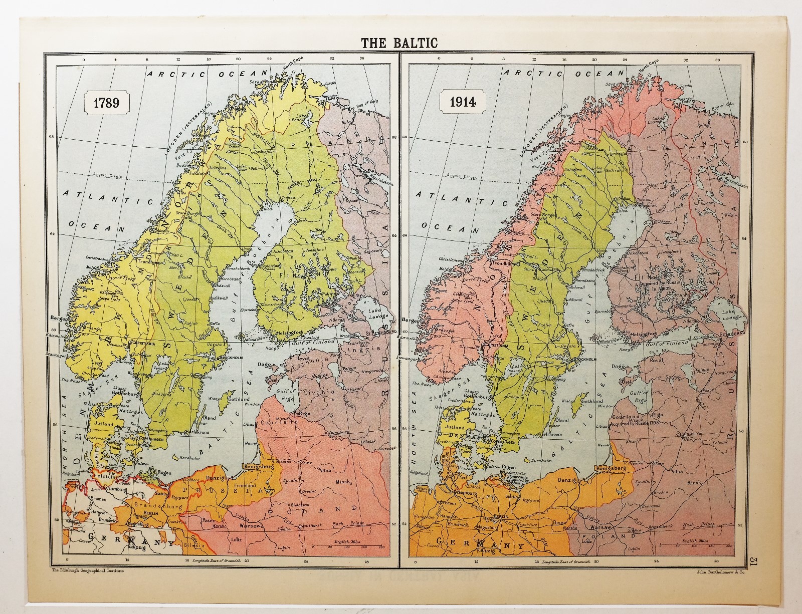 HISTORICAL MAP THE BALTIC 1789 & 1914 SWEDEN NORWAY DENMARK