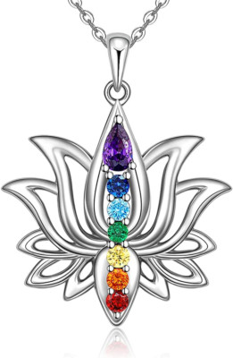 Lotus Flower 7 Chakra Necklace Sterling Silver Yoga Lotus Balance Pendant Women
