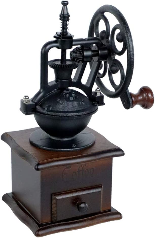 Manual Coffee Grinder Antique Cast Iron Hand Crank Coffee Mill with Wood Drawer.