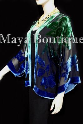 Pre-owned Maya Matazaro Silk Velvet Jacket Short Kimono No Fringe Hand Dyed Green Blue
