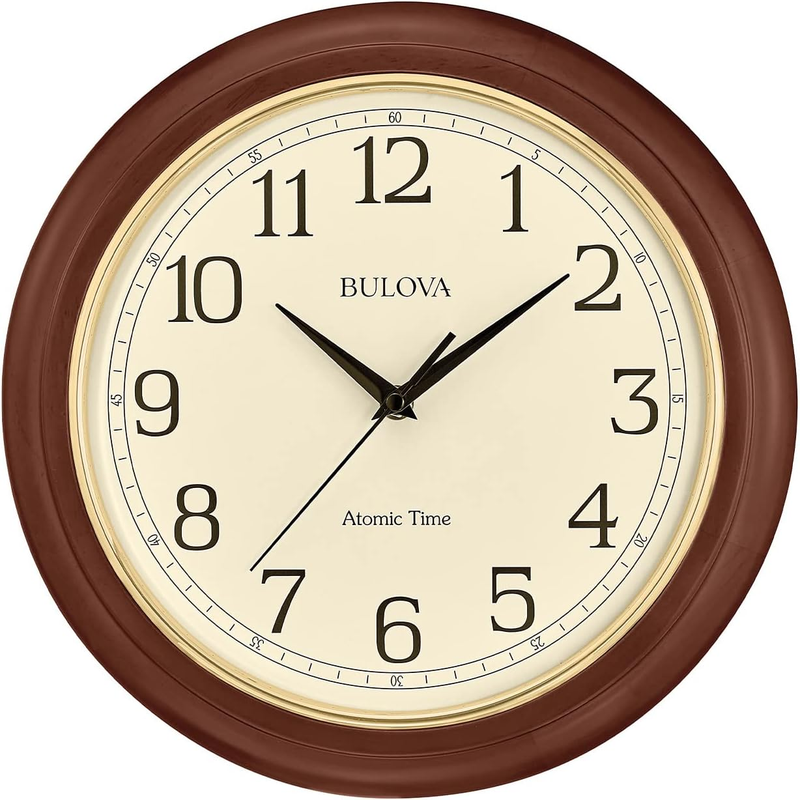 Bulova Atomic Time 2 Analog Wall Clock C5004 | 12.4" Wooden Frame, Sets Time Aut
