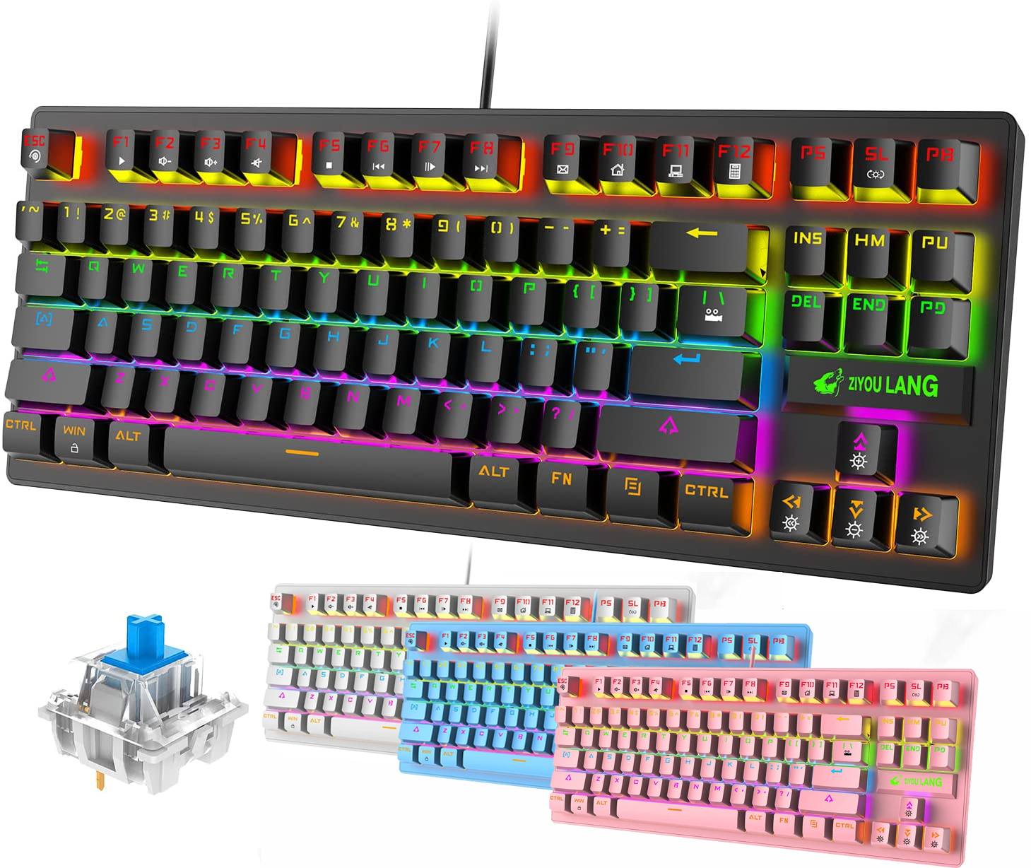 Computer Gaming Mechanical Keyboard, 88 Keys Multicolor Rainbow Backlit Wired PC