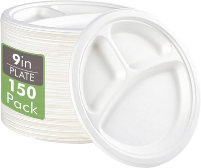 100% Compostable Paper Plates, 150 Pack 9 Inch 3 Compartment Plates 
