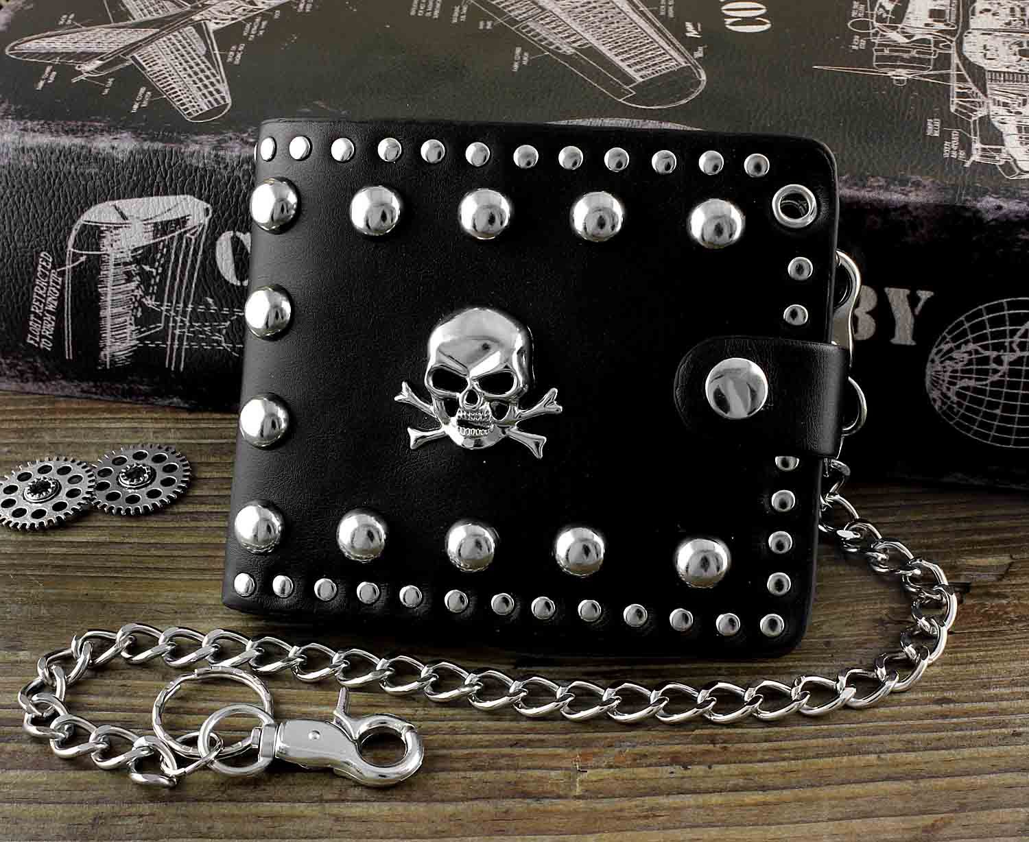 Wallet for Men Skull Studded Biker Goth Leather Wallet with