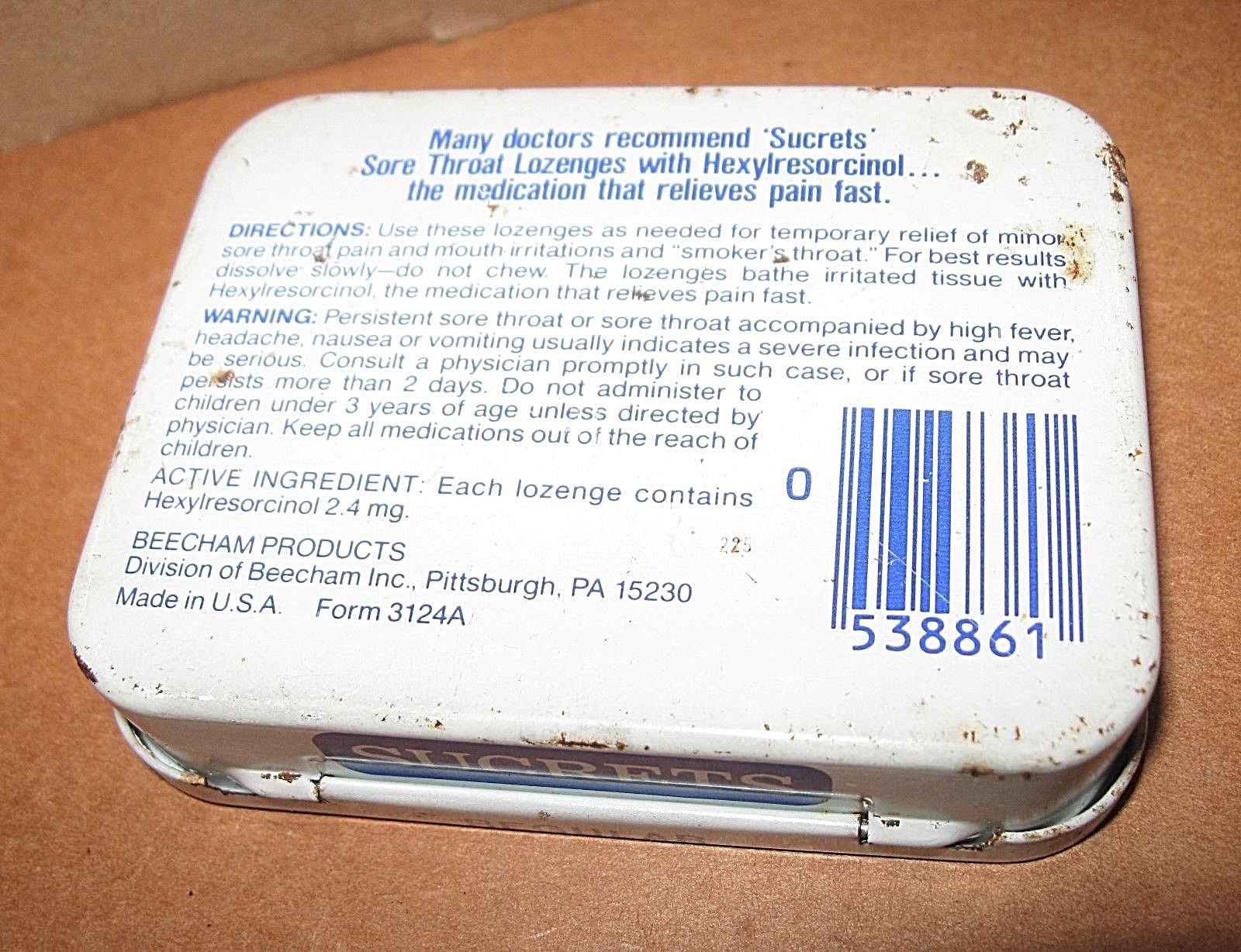 Vintage 70s 80s Beecham SUCRETS Sore Throat Lozenges Tin