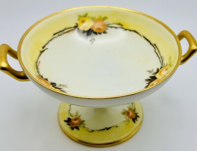 Vintage Pedestal Dish RS Prussia Tillowitz Hand Painted Yellow Roses Handled