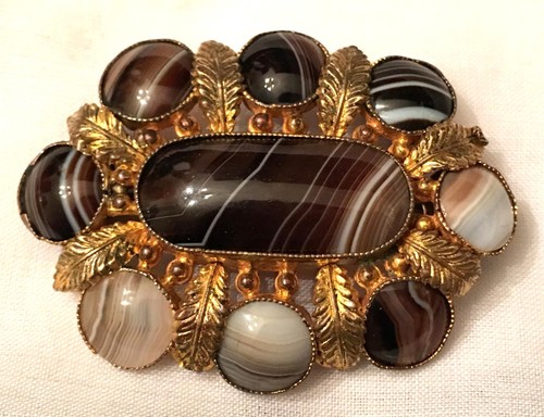 Antique Victorian Scottish Banded Agate Gold Gilt Brooch Pin 19th Century 1800s