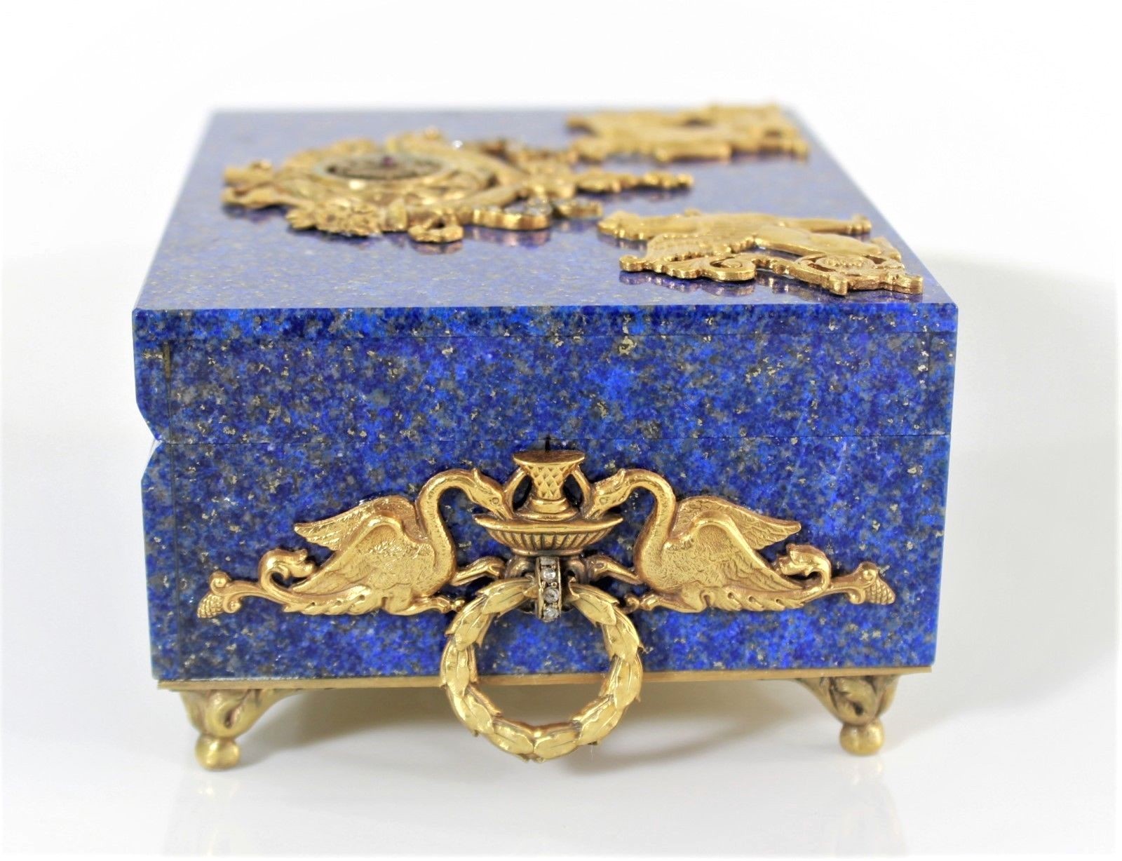FABERGE-MARKED RUSSIAN DIAMOND-ENCRUSTED SILVER GILT LAPIS HINGED BOX