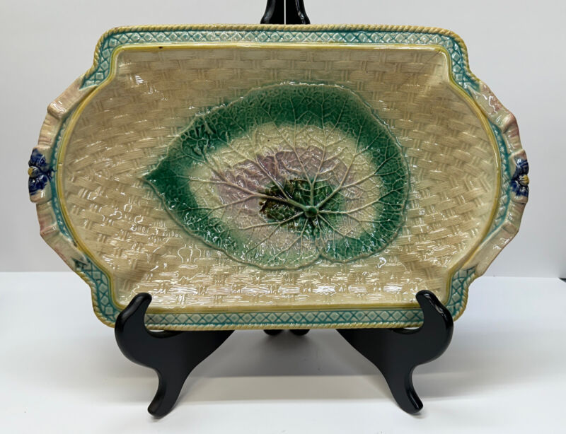 Vintage Majolica Begonia Leaf Basket Weave Platter Cobalt Bow & Ribbon Handles