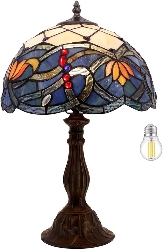 Tiffany Table Lamp Stained Glass Bedside Lamp Blue Lotus Desk Reading Light 12X12X18 Inches Decor Bedroom Living Room Home Office S220 Series