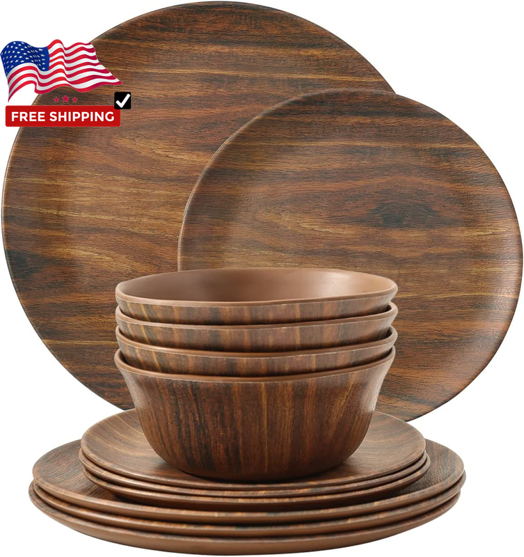 12pcs Dinnerware Set,wooden style Melamine Dishes Set Bowls Plate Service for 4