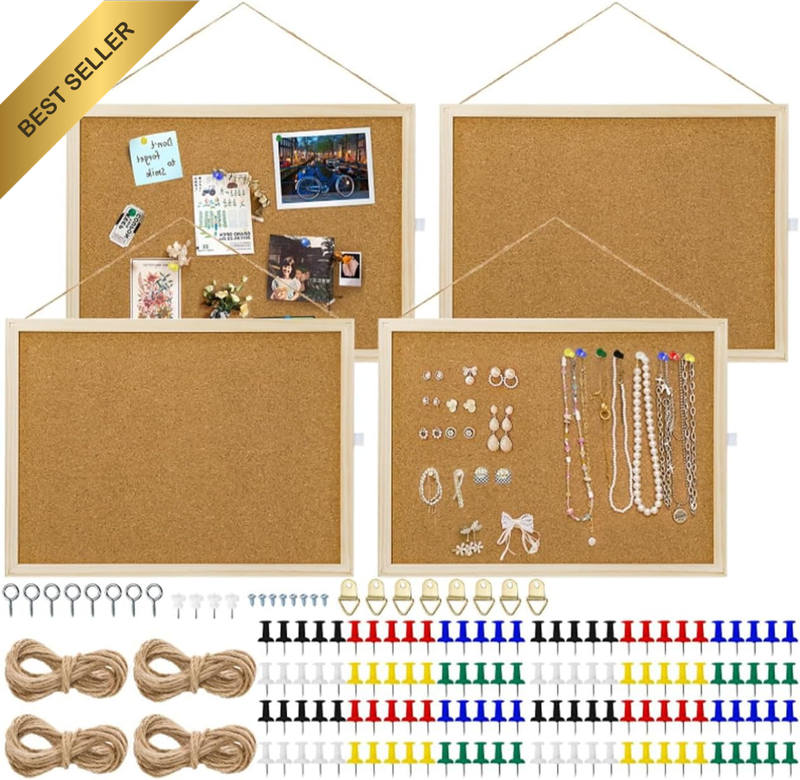 4 Pcs Cork Bulletin Board, Wooden Framed Corkboards, Double Sided Rectangle Desi