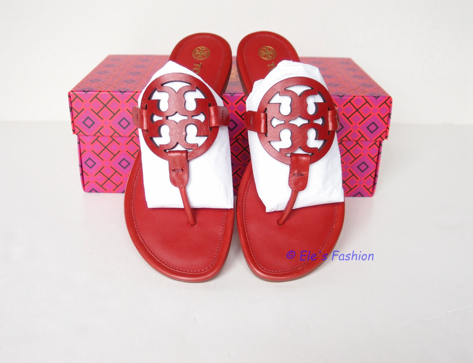 Pre-owned Tory Burch Miller Leather Thong Sandal Poinsettia Red Us 7 Authentic