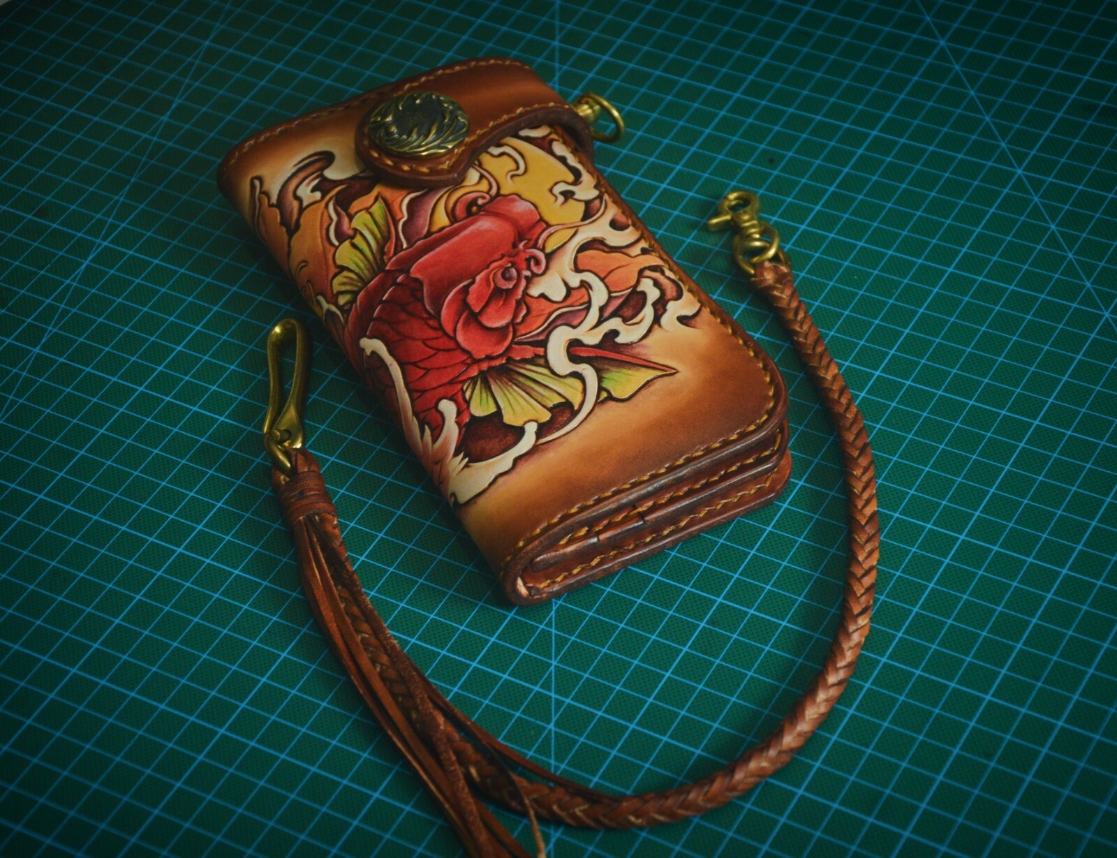 Pre-owned Handmade Custom Leather Biker Wallet Chain Carp Carved Wallet Personalized Gift X36 In Brown