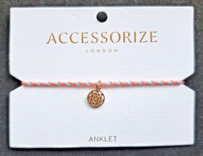 ACCESSORIZE, PINK & BLUE DRAWSTRING CORD AND GOLD FILIGREE CHARM ANKLET