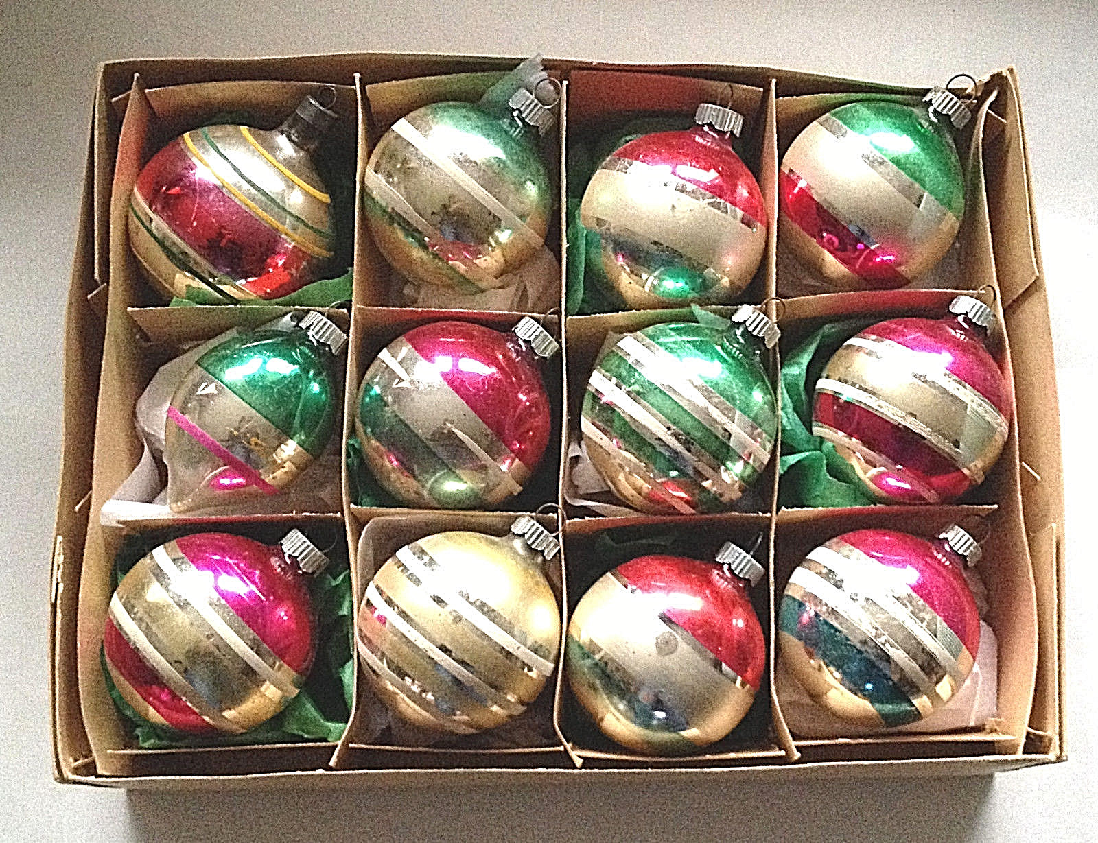 12 Vtg Shiny Brite MEDIUM Striped Christmas Ornaments Feather Tree Pink Green +