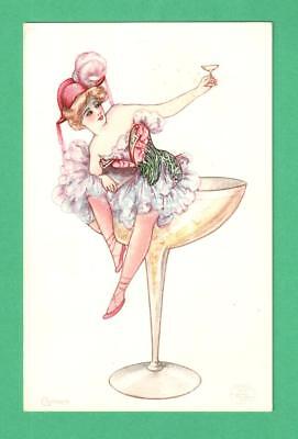 1908 DETROIT PUB. SAM SCHMUCKER NEW YEAR POSTCARD LADY DANCE COSTUME CHAMPAGNE!