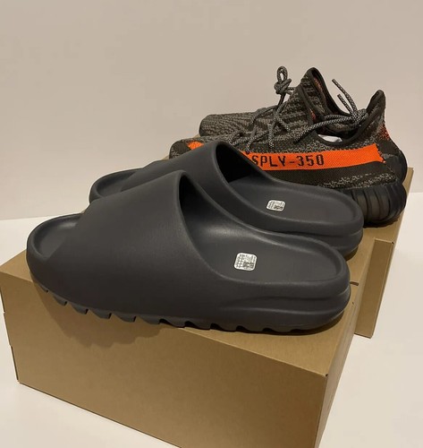 Pre-owned Adidas Originals Adidas Yeezy Boost 350 Carbon Beluga Size 13 & Yeezy Slide Slate Grey Size 13 M In Gray