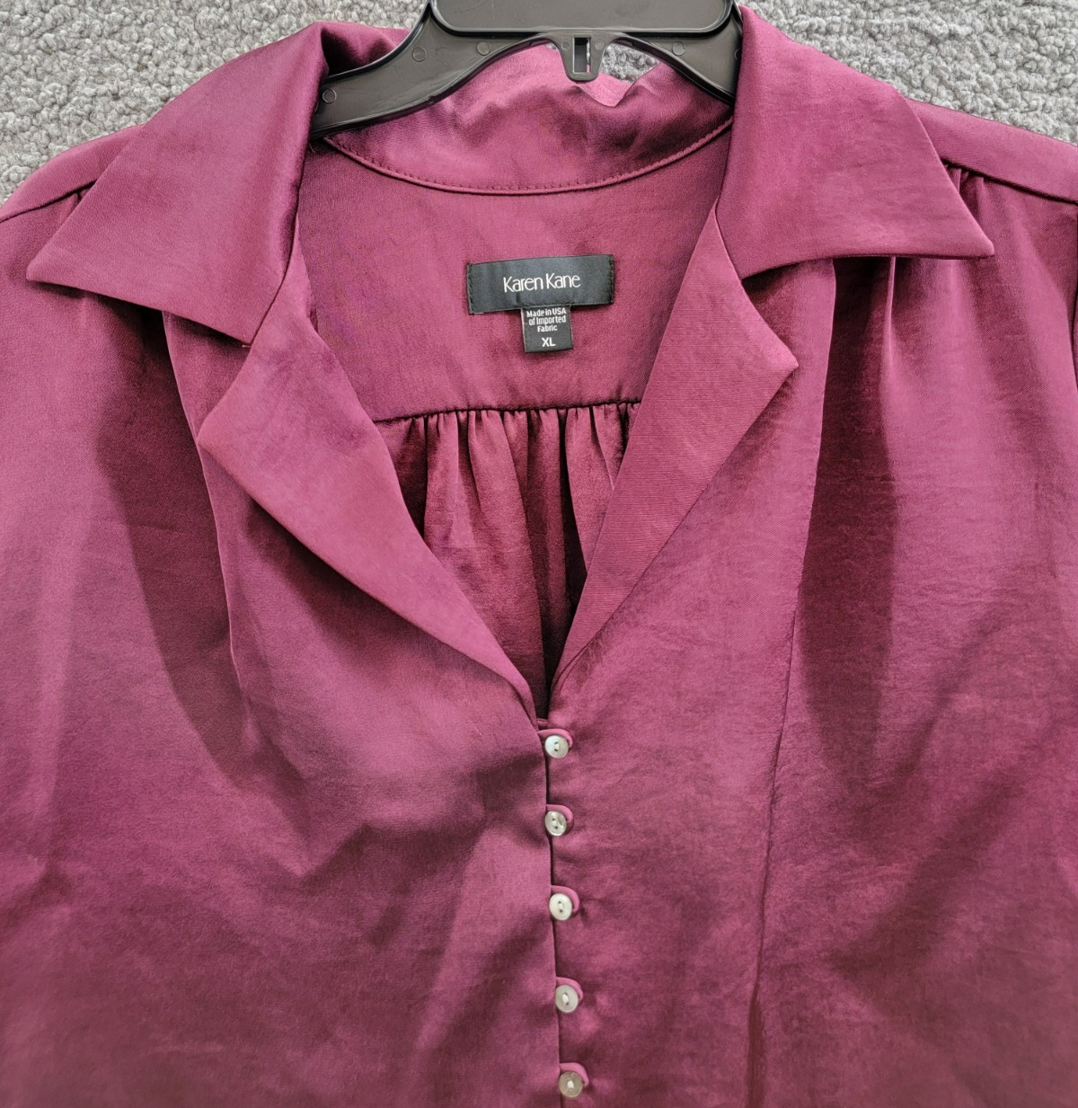 Karen Kane Shirred Blouse Womens XL Wine Solid Collared Long Sleeve Button Front - Picture 3 of 16