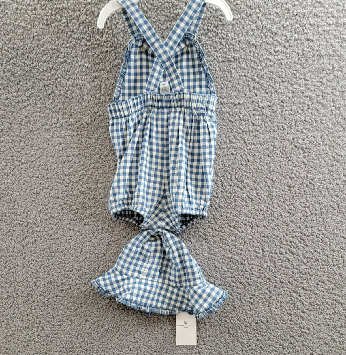 Ralph Lauren Gingham Madras Bubble Shortall & Hat Set Baby Girls 6M Blue Snap Up - Picture 22 of 24