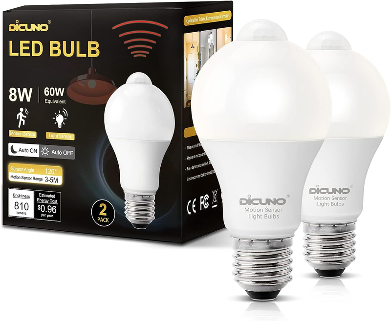 PIR Motion Sensor Light Bulbs, 8W (60W Equivalent) E26 LED Body Motion Sensor In
