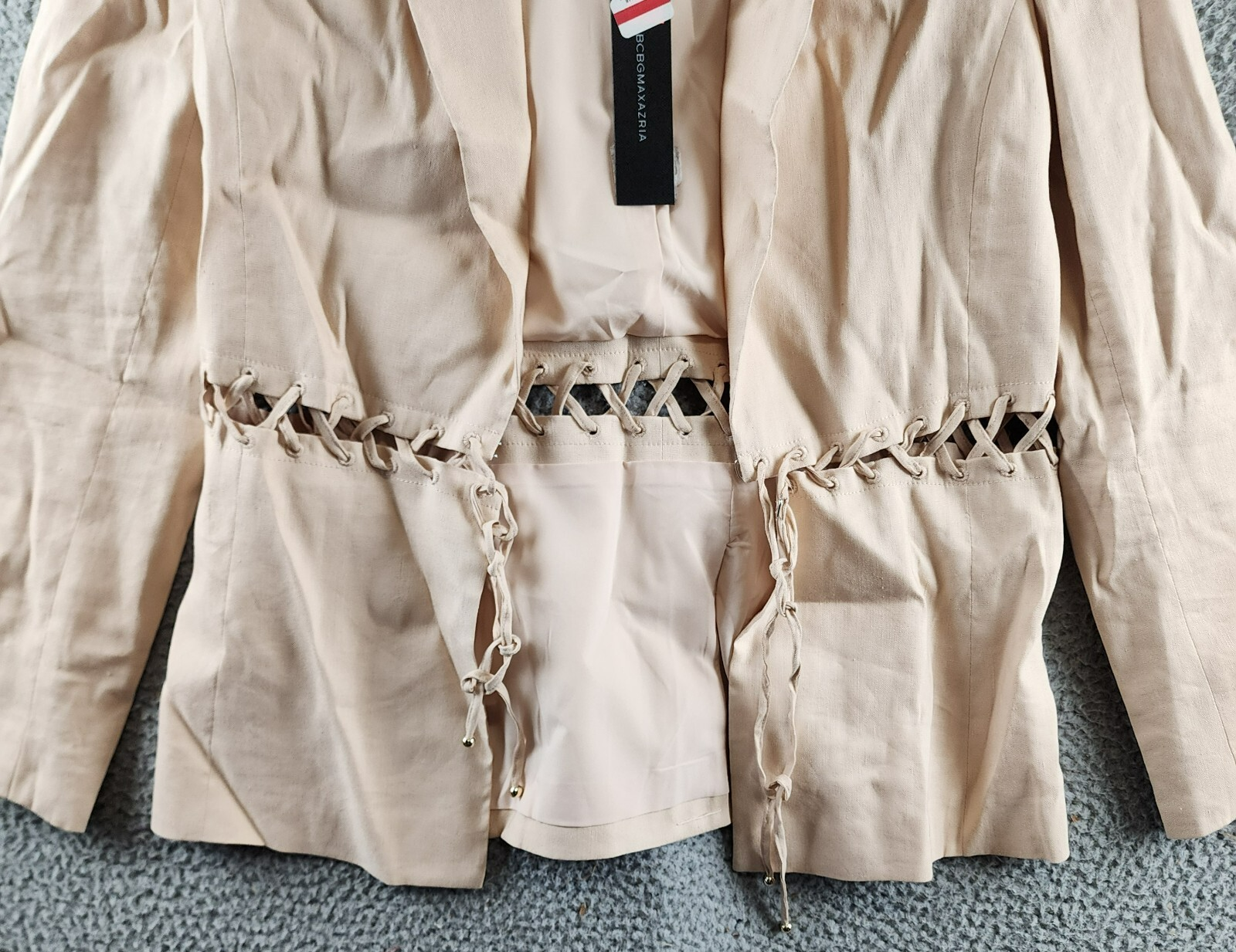 BCBGMAXAZRIA Linen Blend Lace Up Blazer Women's S Sand Long Sleeve Tie Closure - Picture 3 of 14
