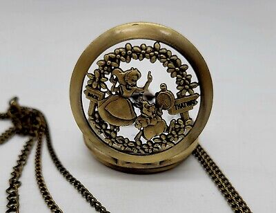 Disney Alice in Wonderland Pocket Watch on Chain Brass White Rabbit Pierced