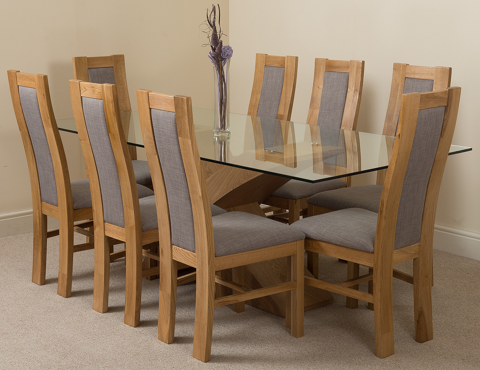 Valencia Oak Large Glass Dining Table With 6 Or 8 Stanford Oak