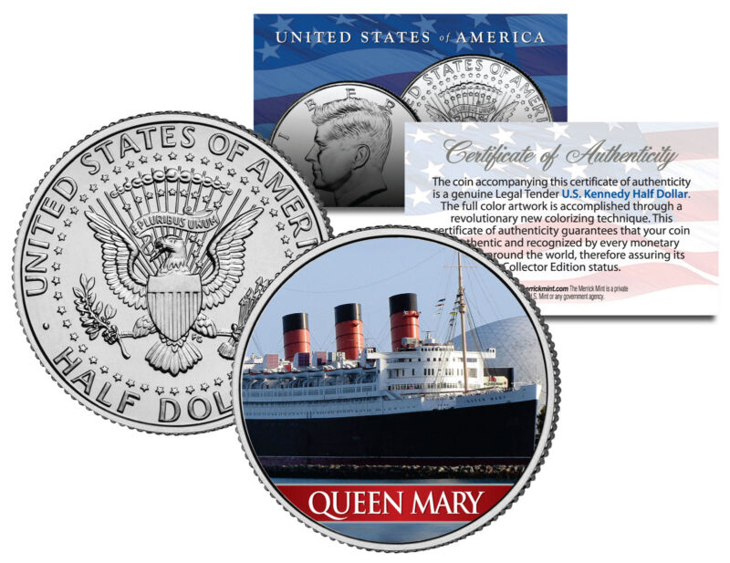 RMS QUEEN MARY Ocean Liner Colorized JFK Kennedy Half Dollar US Coin Collectible